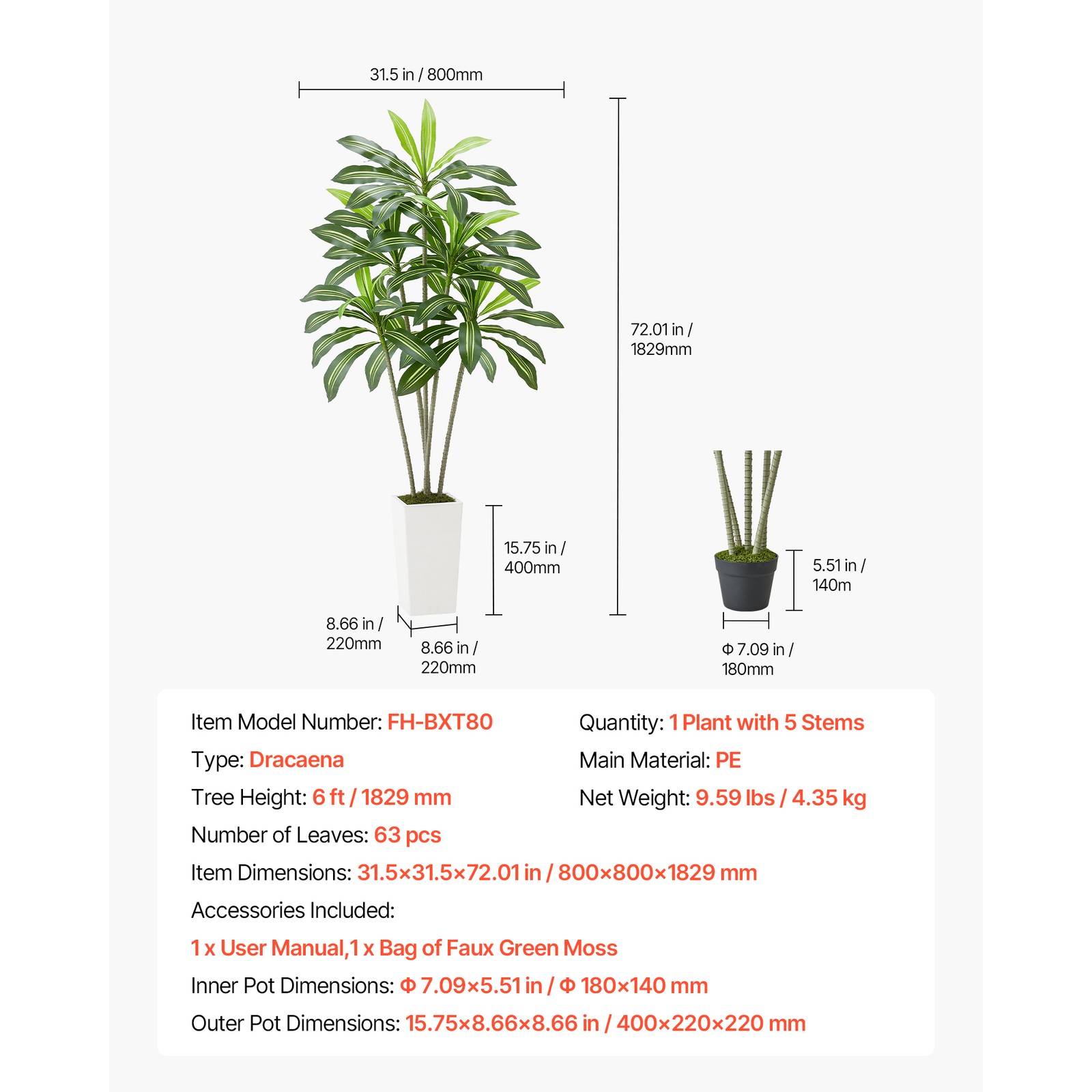 Uimoso 6ft Faux Dracaena Tree with White Pot for Indoor Decoration