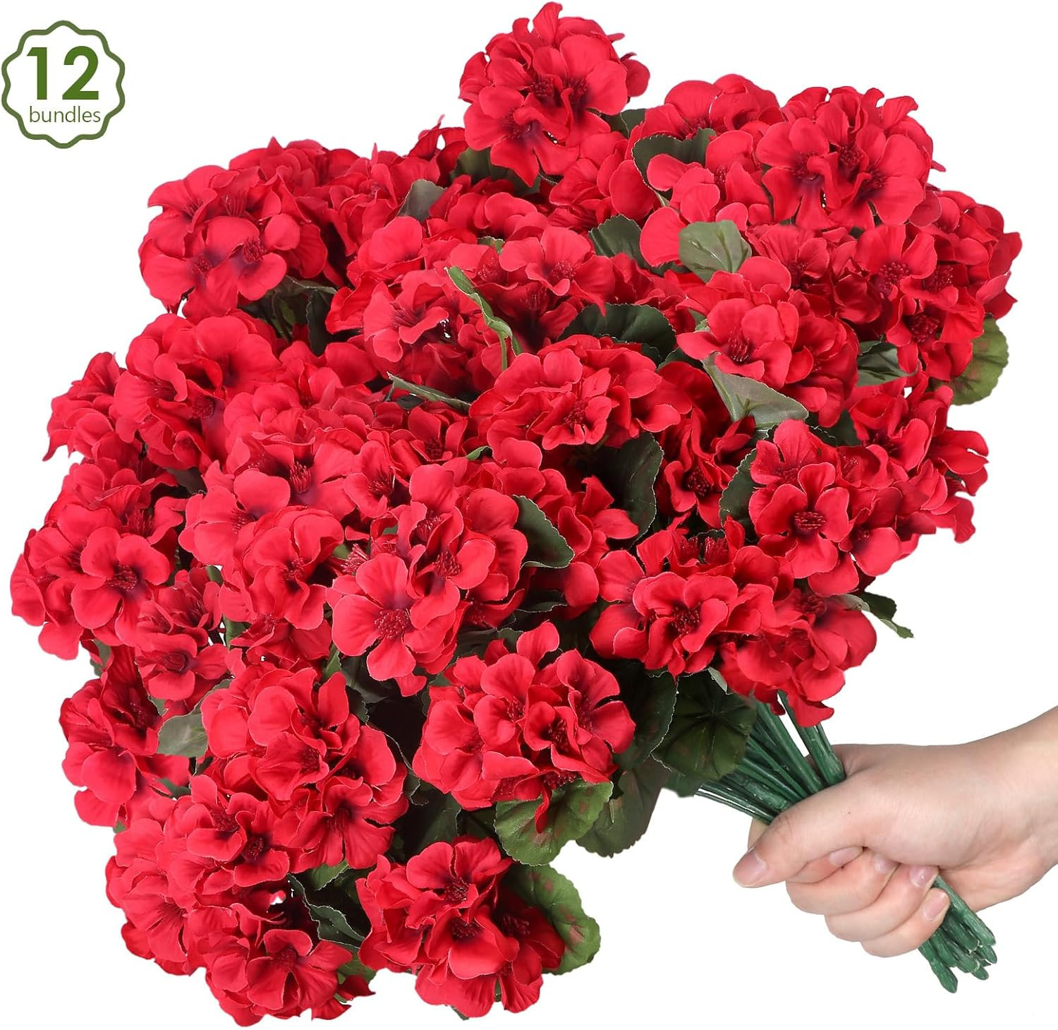 12 Pcs Artificial Flowers for Outdoors, Faux Silk Geraniums Flowers UV Resistant