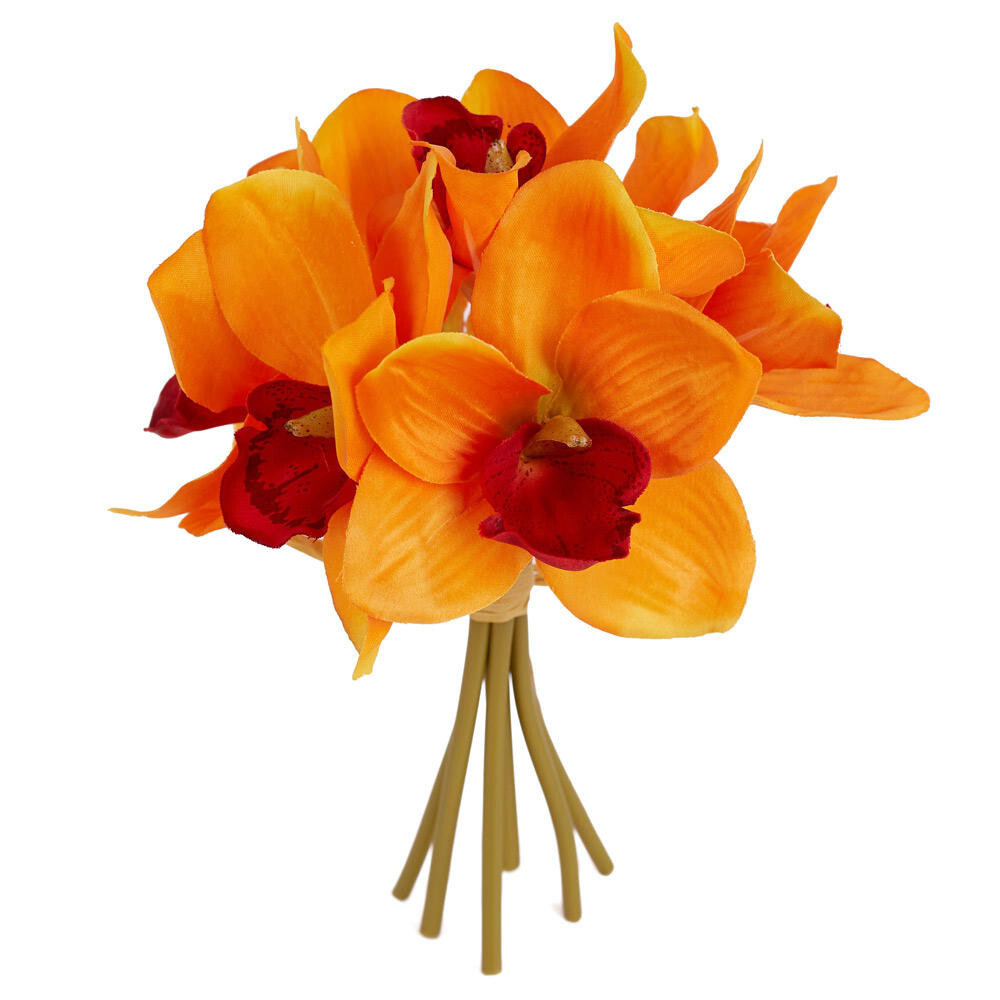 Set of 2 Florescent Orange Artificial Cymbidium Orchid 9-1/2″ Floral Bundles