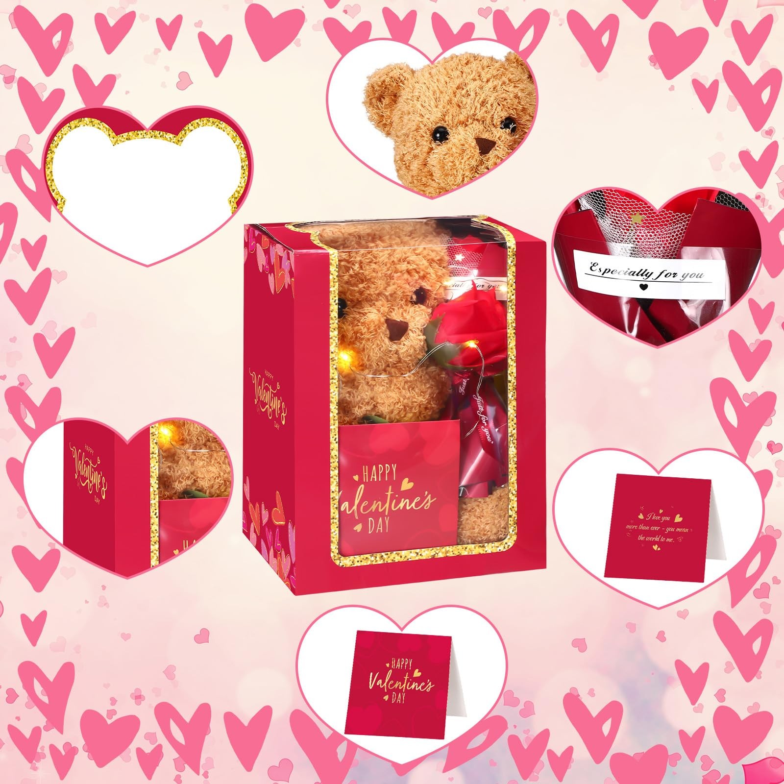Valentine’s Day Gift Set Plush Stuffed Animal Bear with Rose Card and Box Red