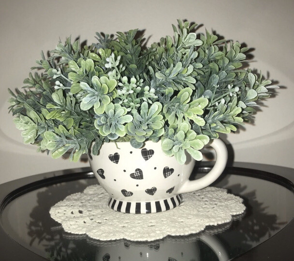 Black & white farmhouse hearts stripes teacup greenery plant Handmade Enesco cup