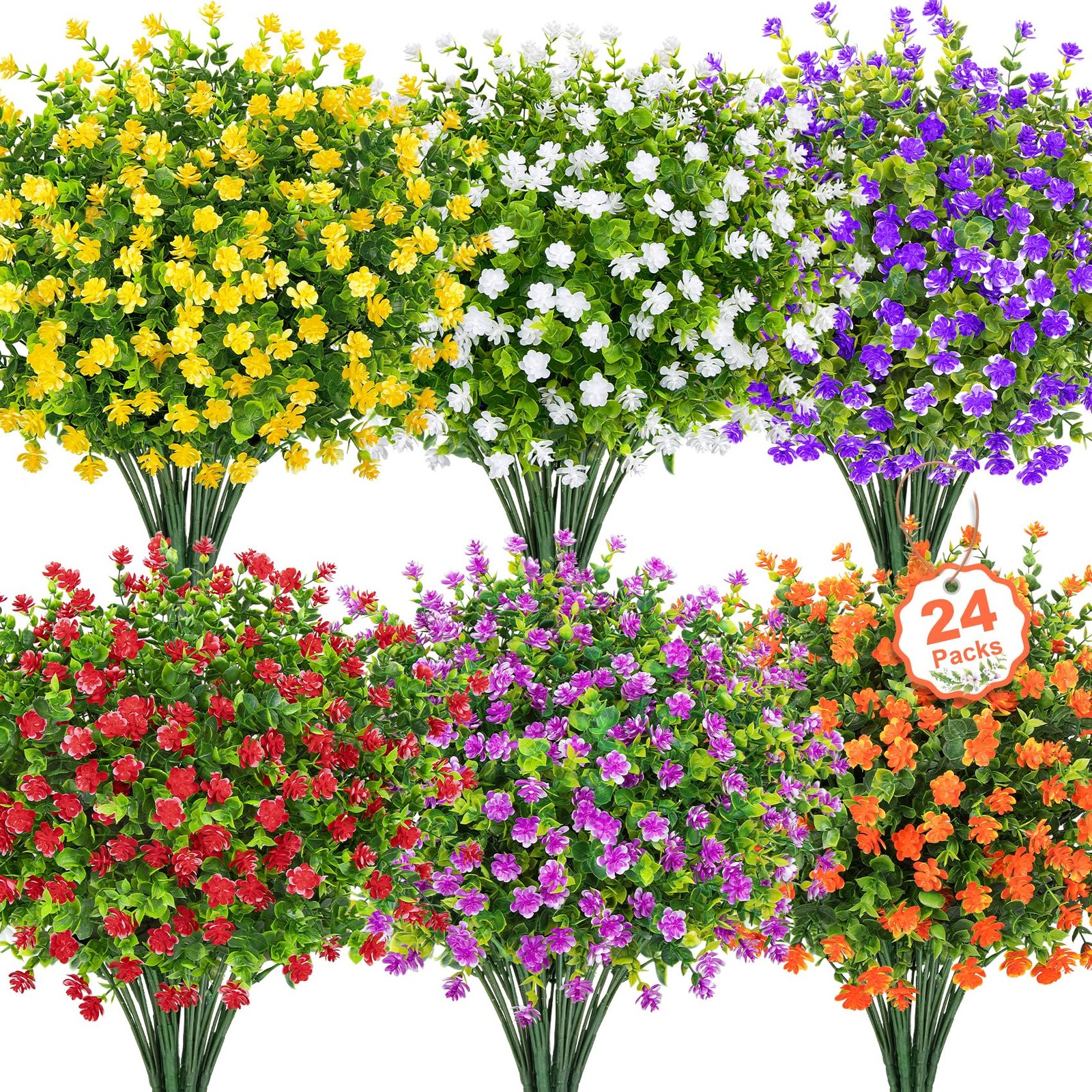 24 Bundles Artificial Flowers for Outdoors, Faux Plastic Flowers UV Resistant…