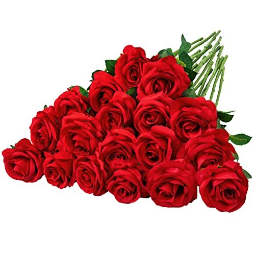 20 Pcs Roses Artificial Silk Flowers Fake Roses Bouquet with Long Stems Red