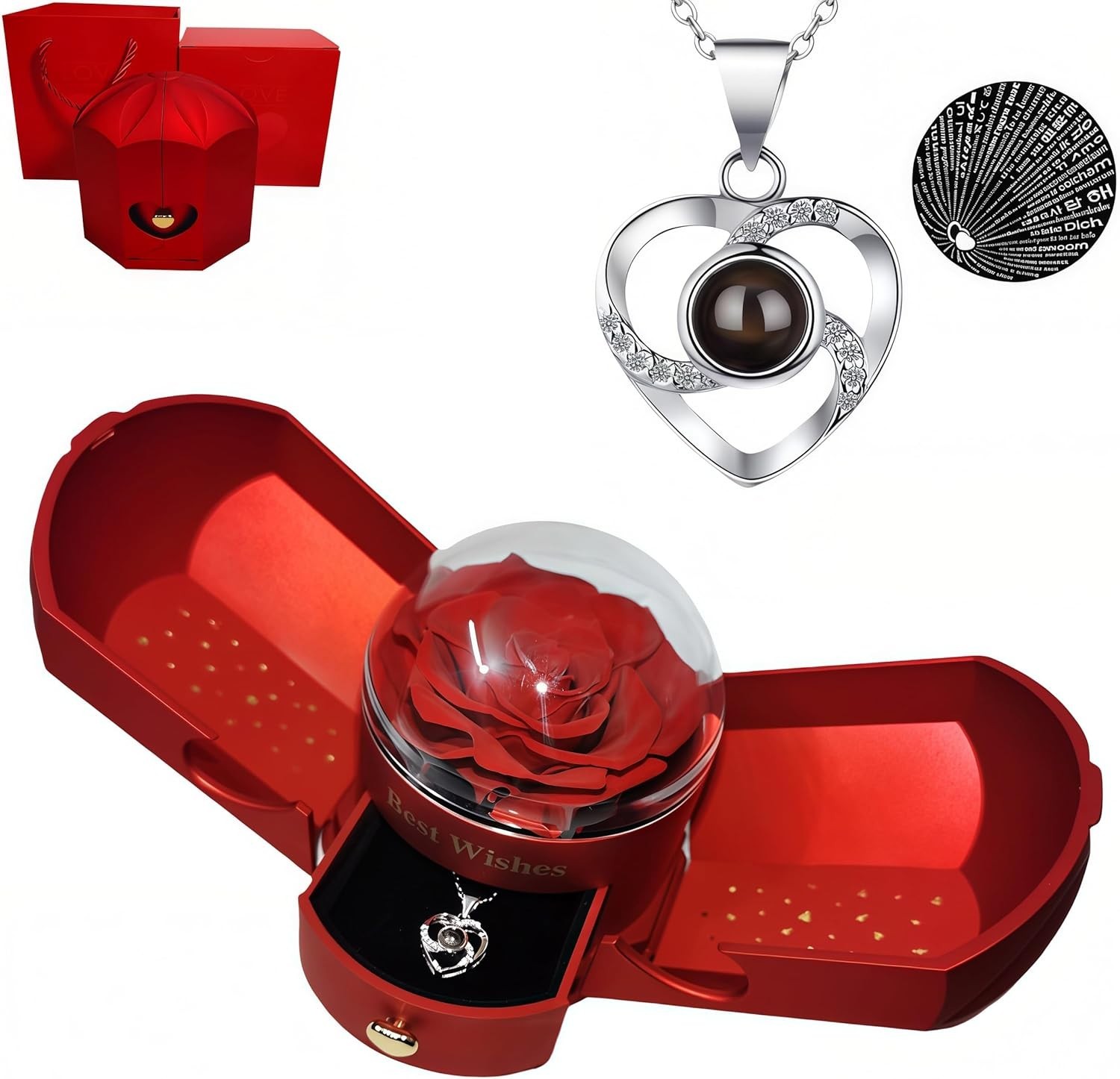 Preserved Red Real Rose with Heart Necklace I Love You in 100 Languages