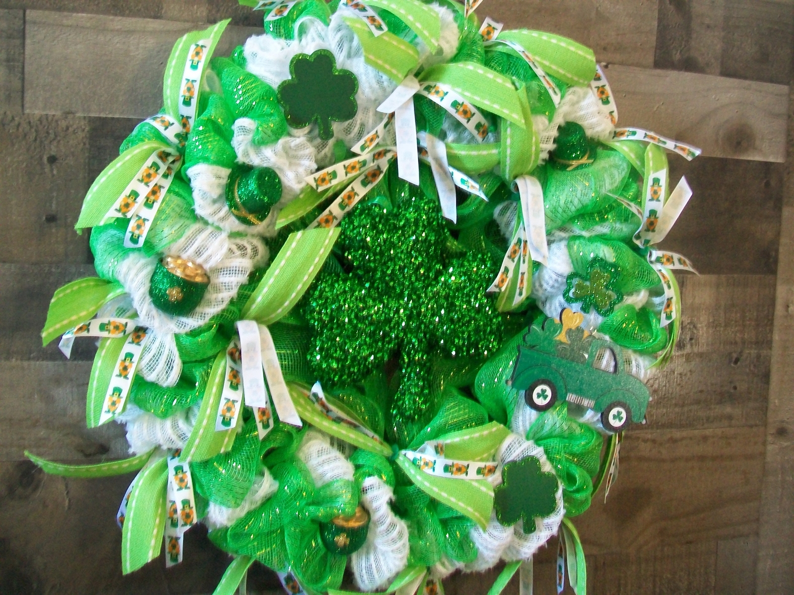 Large Green & White Saint Patrick’s Day Glittered Shamrock Mesh Wreath