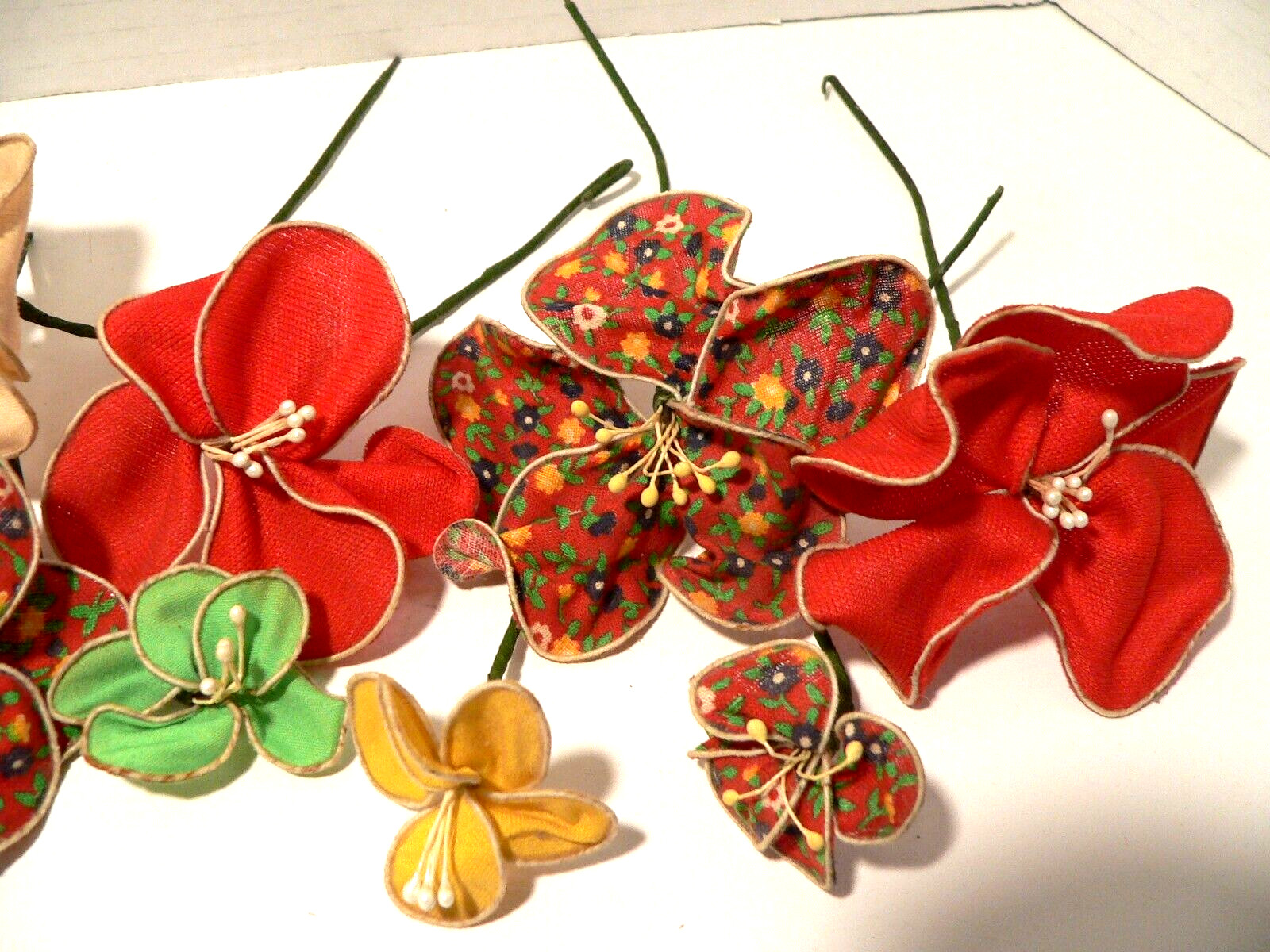 12 Vintage Handmade Fabric Flowers in MCM Colors.