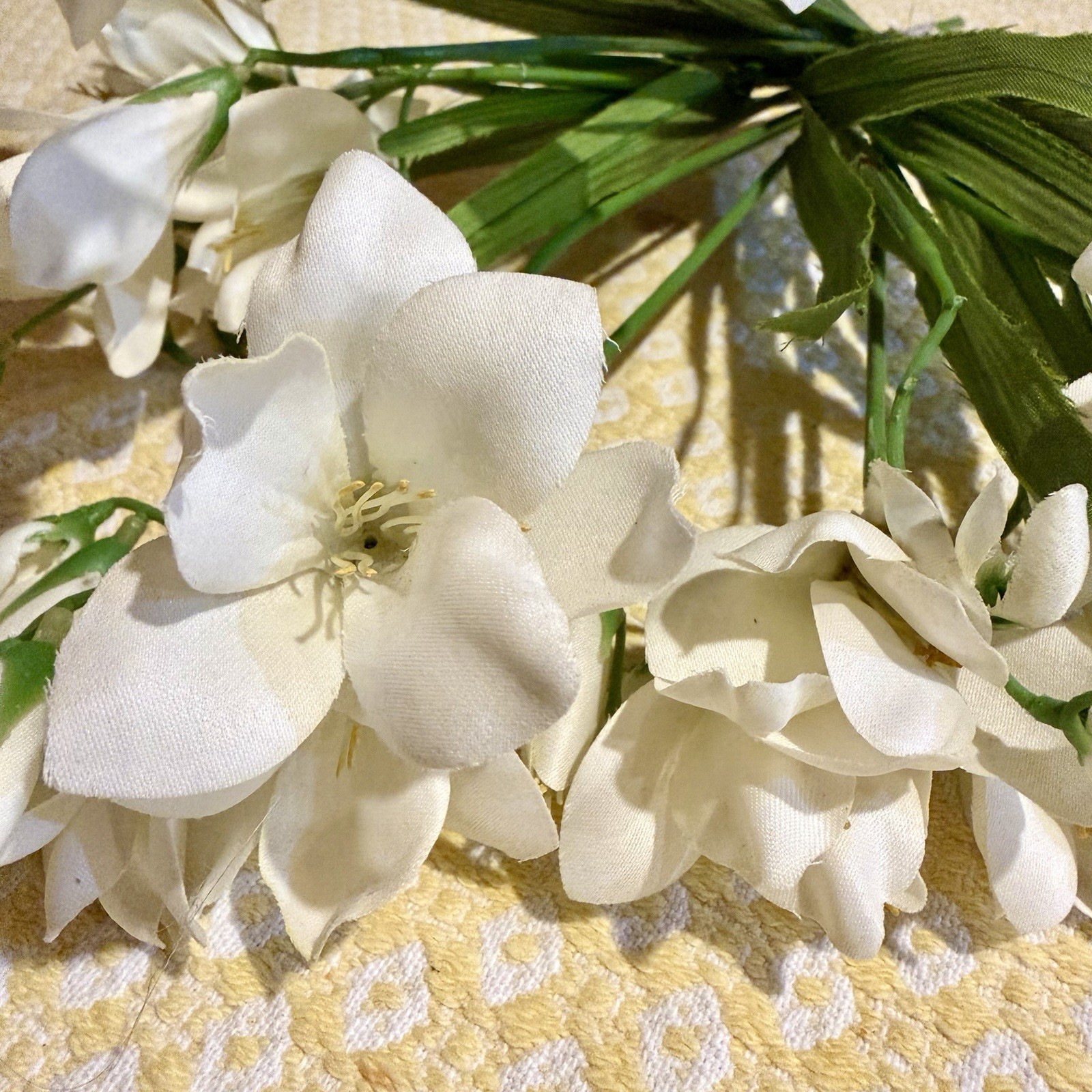 6 Faux White Freesia Bouquet Artificial Stemmed Floral Fake Flower Stem & Leaves