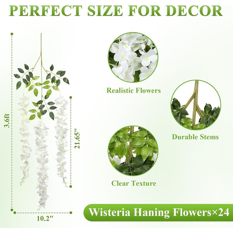 24 Packs Wisteria Hanging Flowers Artificial Vine Garland Wedding Party Decor US