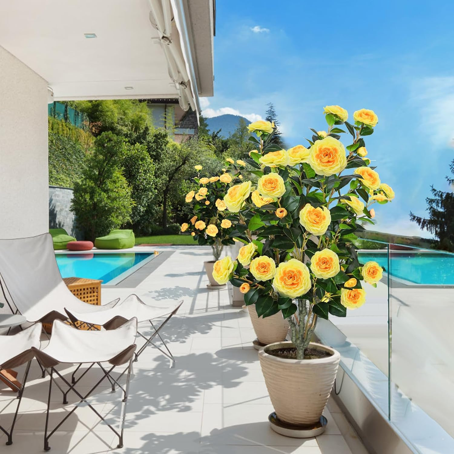 42″ Yellow Artificial Camellia Tree – 2 Pcs Faux Plant for Home & Outdoor Decor