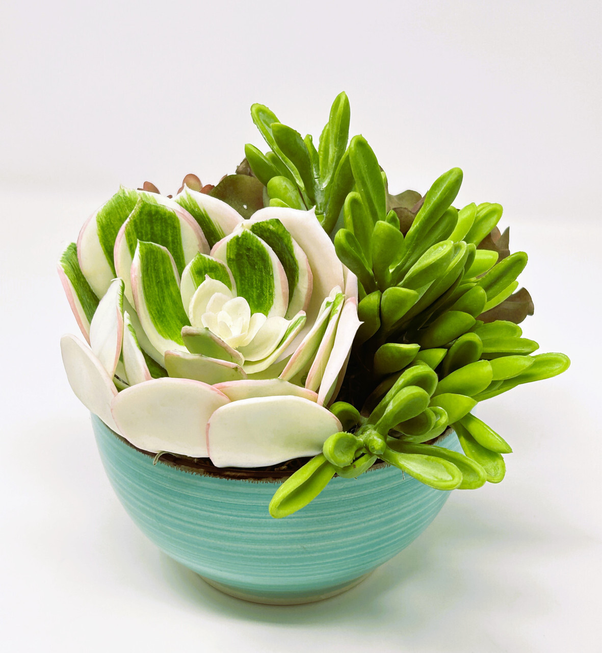 7″ Artificial MAUVE PINK mixed Succulent Garden #16, Blue Ceramic Bowl Planter