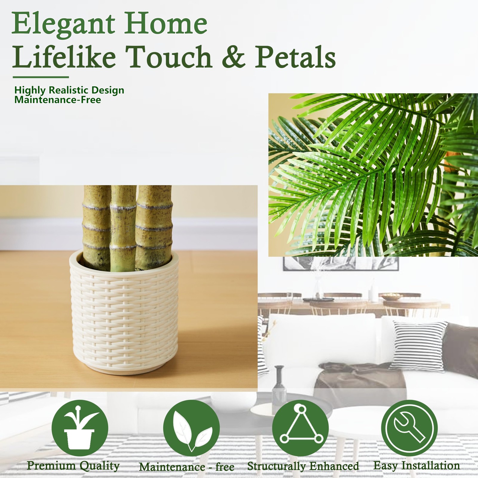TNGGNT Artificial Golden Cane Palm Tree：6T Fake Large Tropical Areca Palm Trees