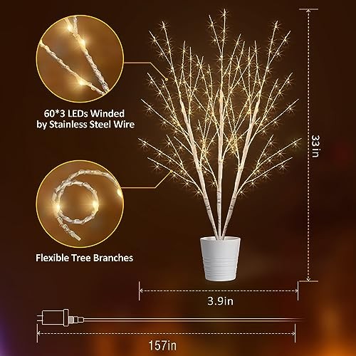 Lighted Birch White Tree Branches 33IN 180LED with Timer Plug in, Birch Tree