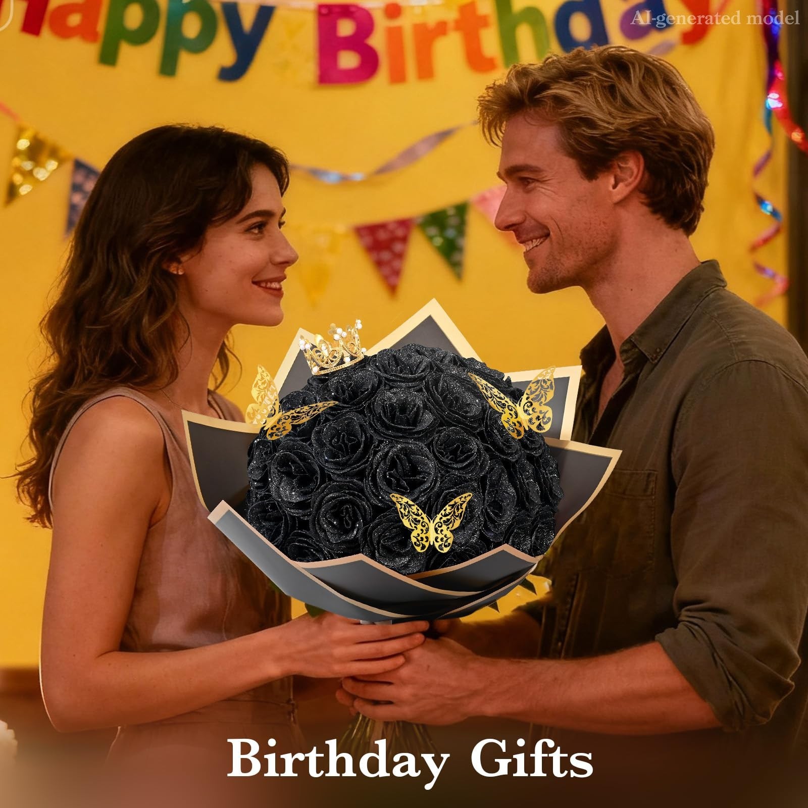 Glitter Black Roses Bouquet – 36 Pcs DIY Fake Flowers for Birthdays, Anniversari