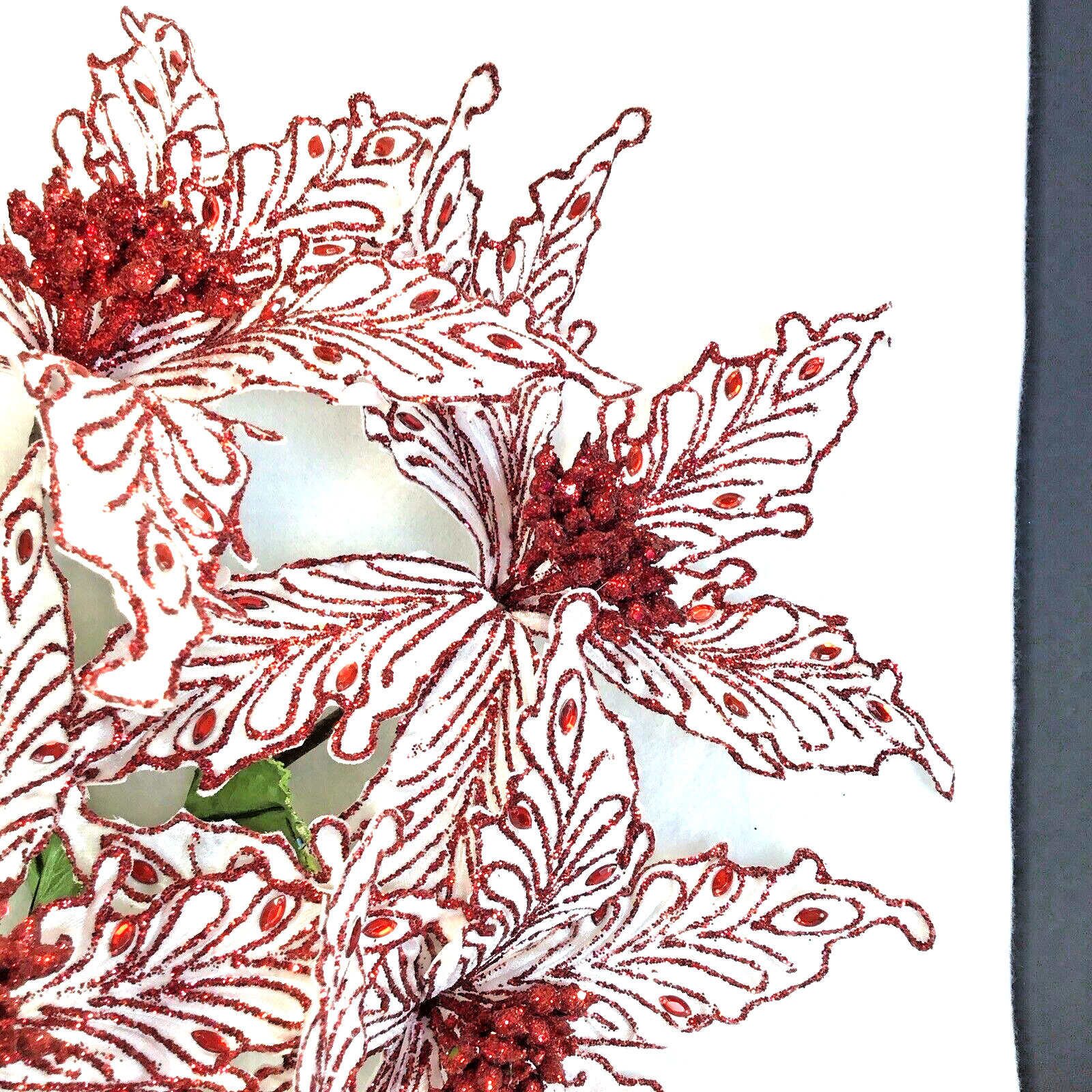 Set of 5 Sparkling Red Rhinestone and Glitter Artificial Poinsettia Floral Stems