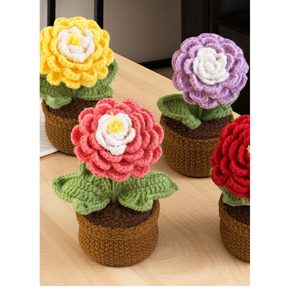 Crochet Peony Artificial Flower in Pot Handmade 17cm Milk Cotton Piece