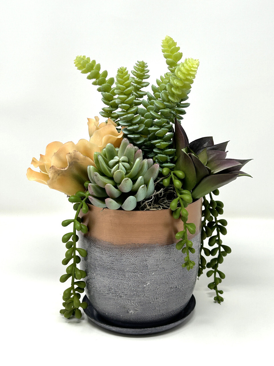 11″ Unique Artificial Succulent Garden #1 mixed arrangement, 5″ Metal Planter