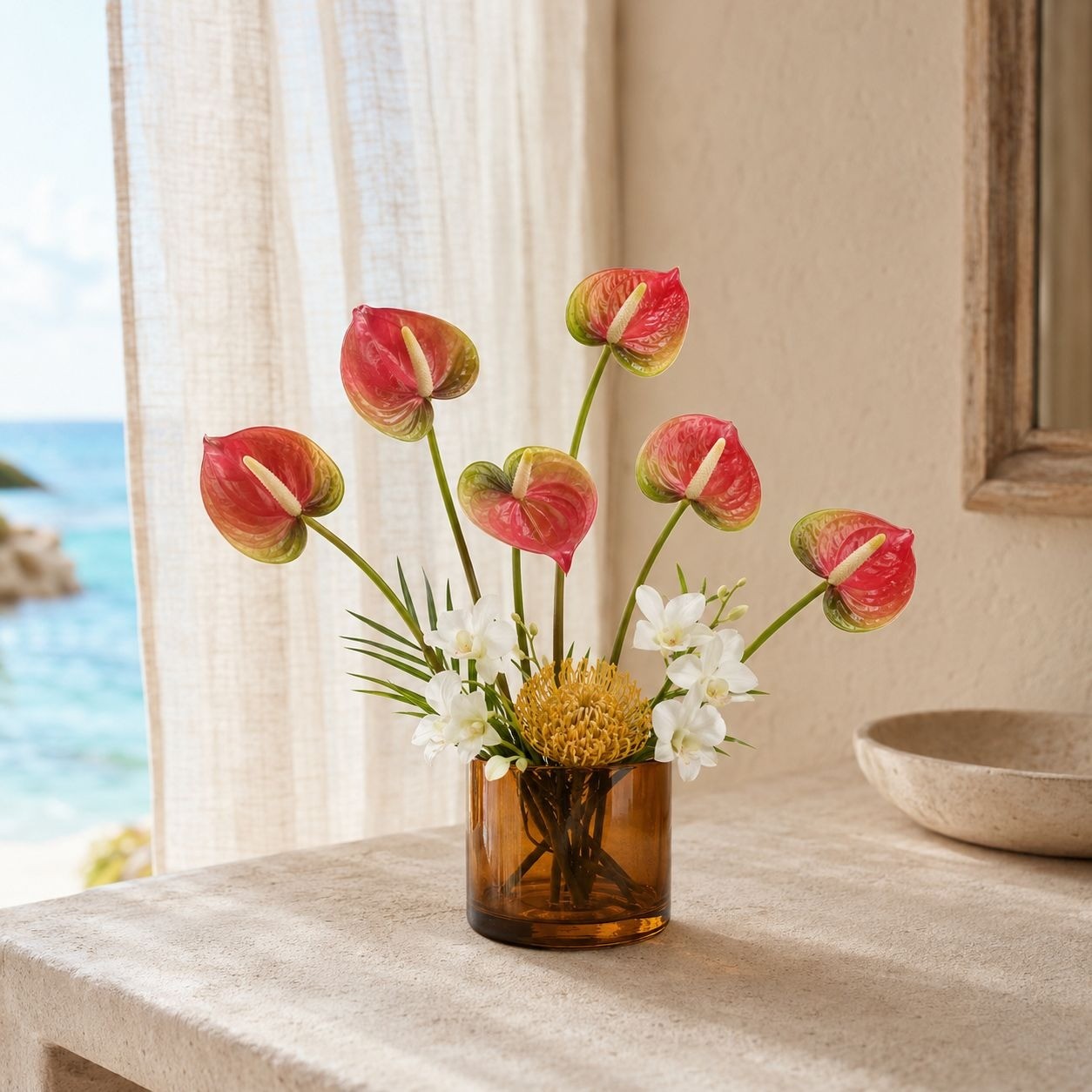 Pink Cream Green Artificial Anthurium Stems Set of 6, 11 Inch Faux Tropical Flow