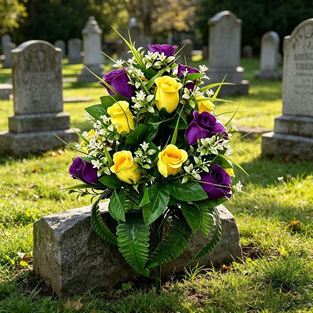 2 Pack Silk Bouquets Purple Yellow Green 43cm for Memorial Home Decor