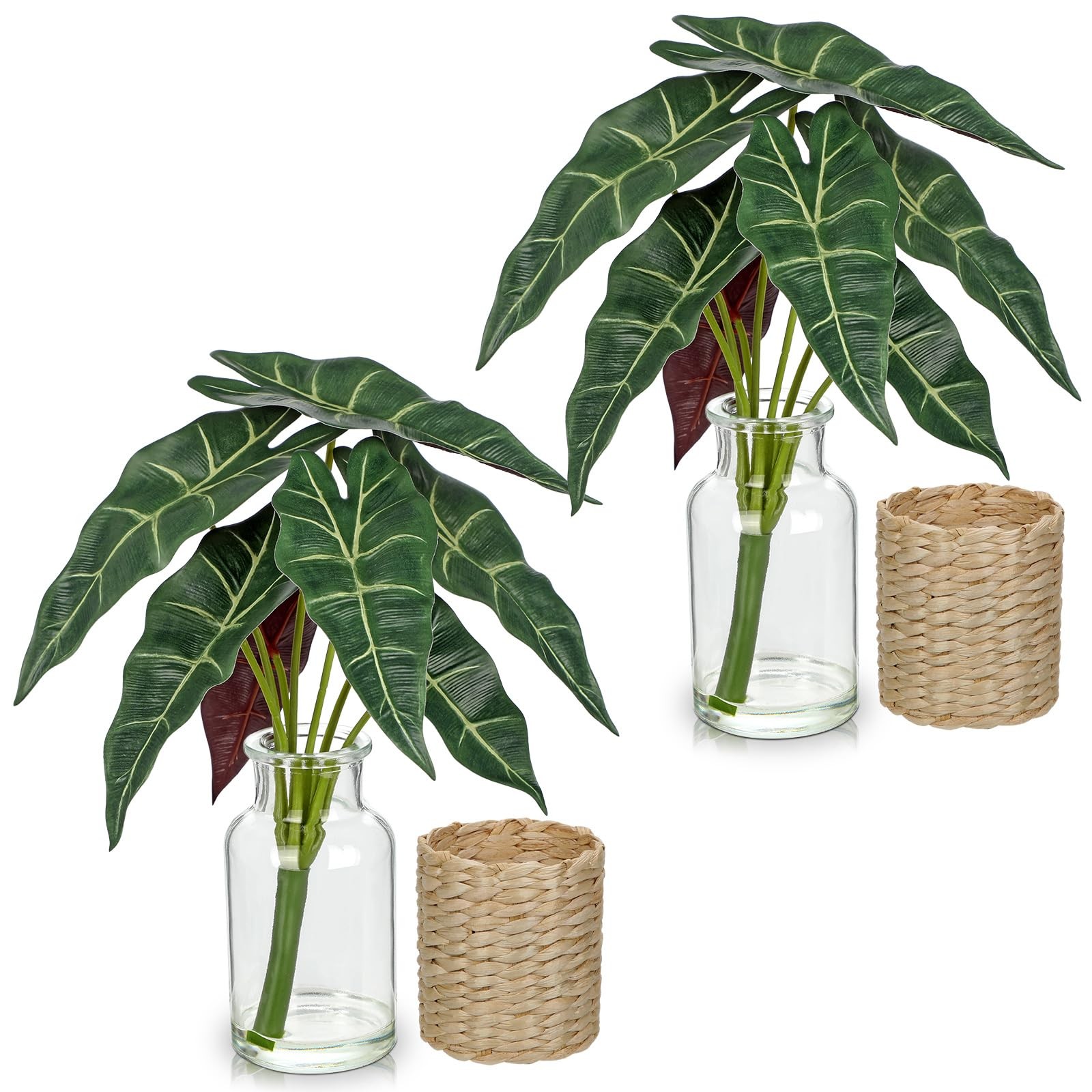 2 Packs Real Touch Faux Alocasia Plants in Vase with Woven Sleeve & Faux Wate…