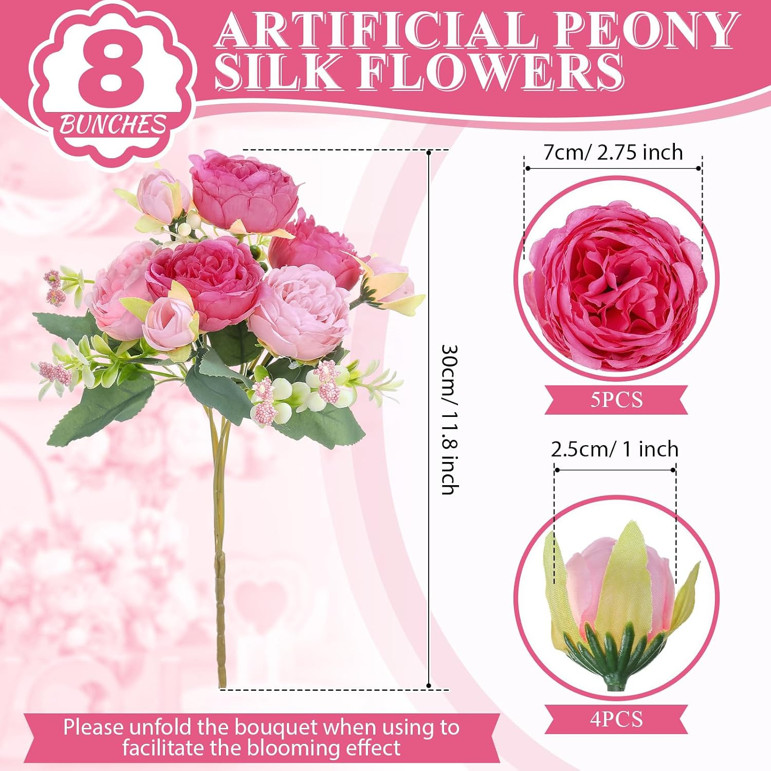 Boho Pink Peonies – 8 Bundles Faux Flowers for Wedding & Home Decor