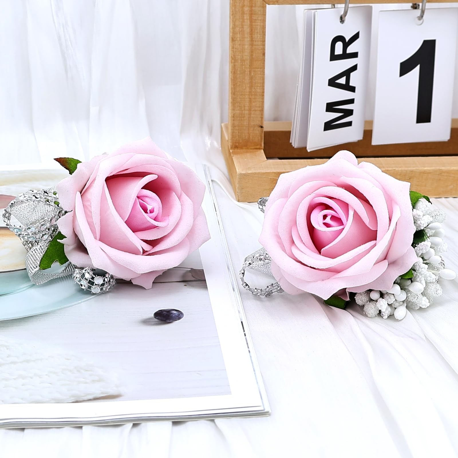 2 PCS Wrist Corsage Wristlet Wedding Prom Artificial Rose Flower Light Pink
