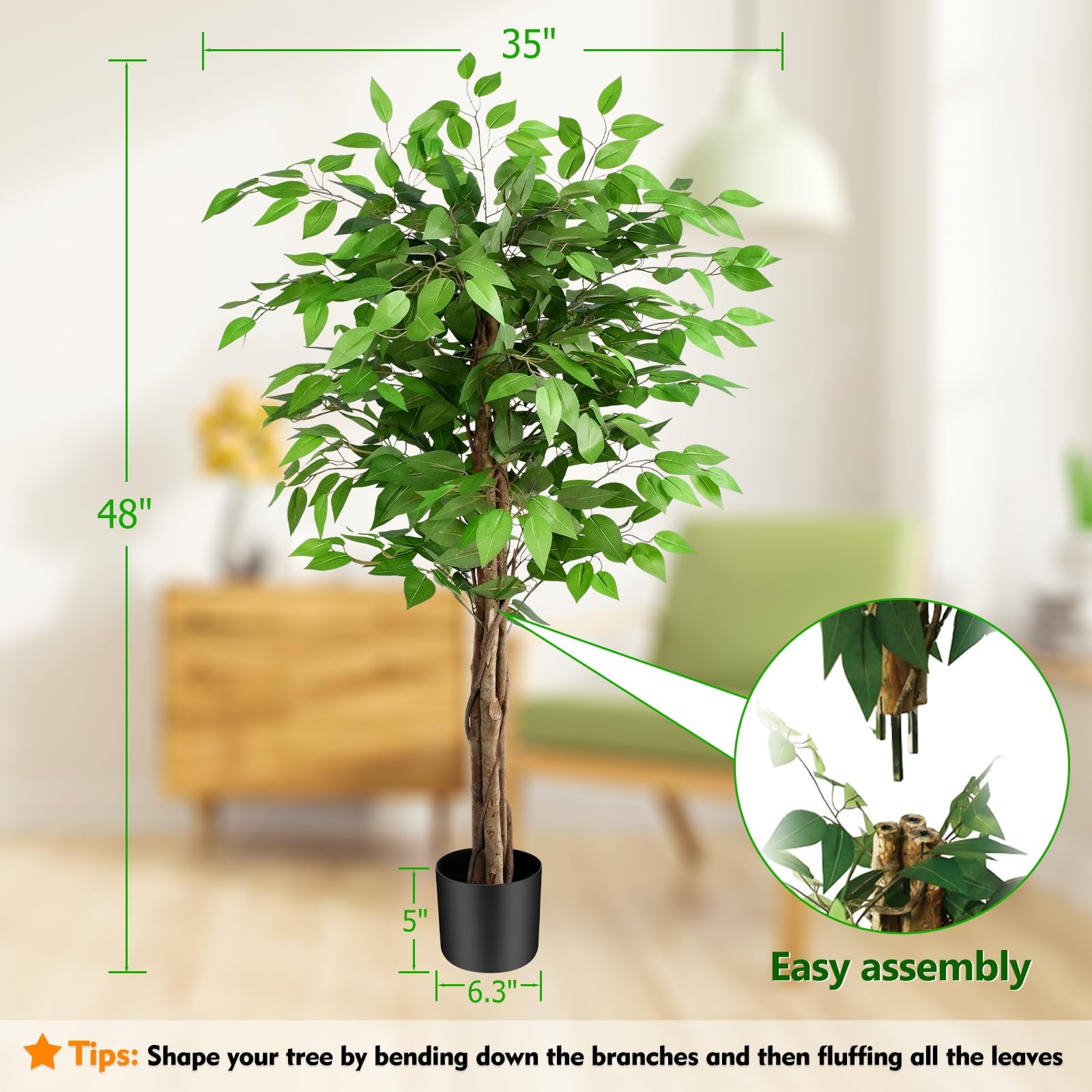 5ft Ficus Artificial Trees with Natural Curved Trunks, 60″ Tall Lush Faux Tre…