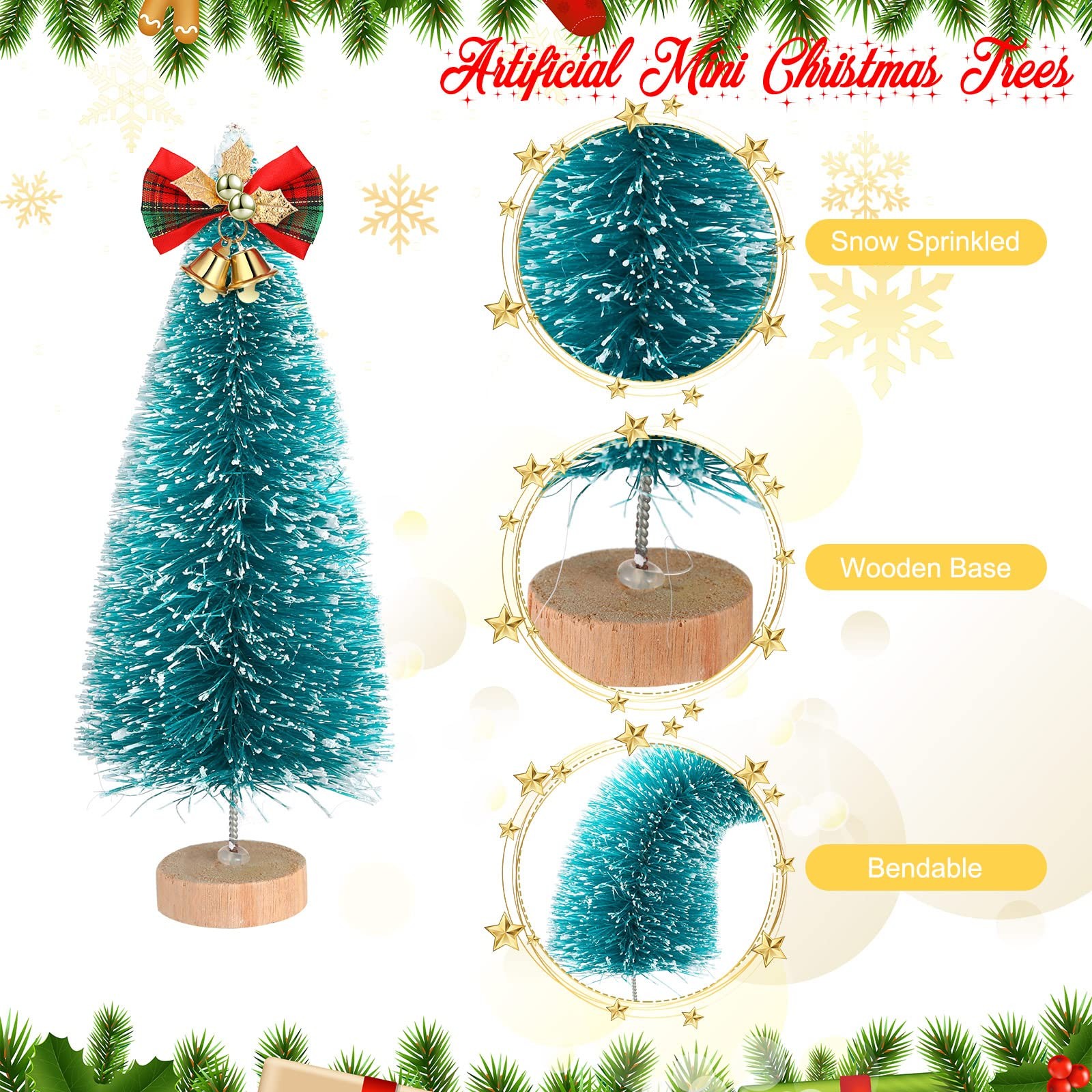 67 PCS Miniature Christmas Trees Set Artificial Wood Base Mini Sisal Frosted