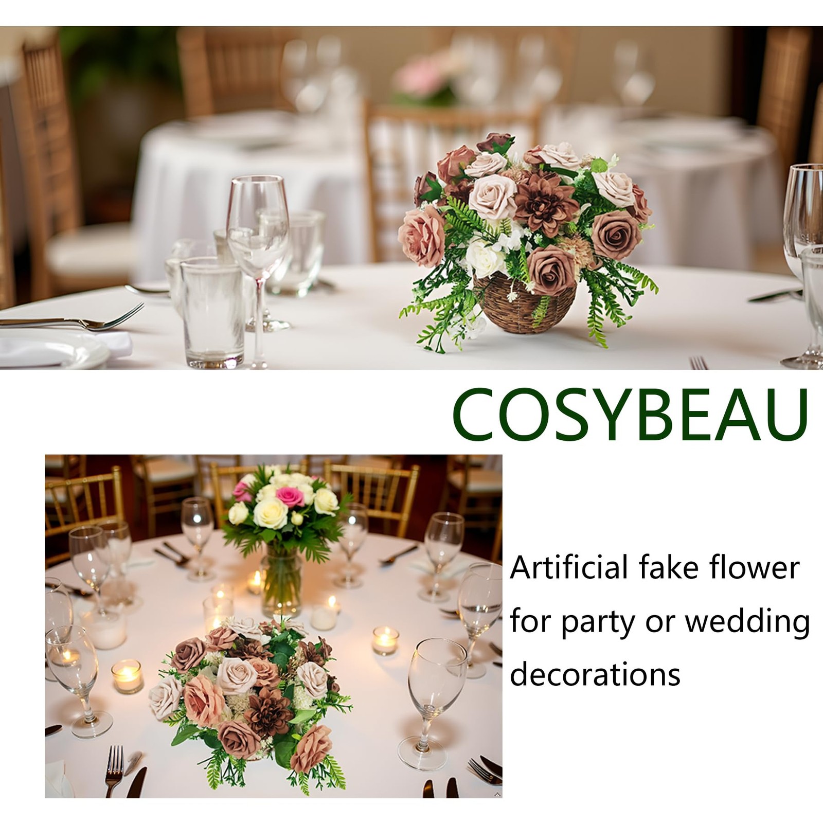 20 PCS Artificial Fake Flowers Roses Mixed Coffee Brown Faux DIY Wedding Decor