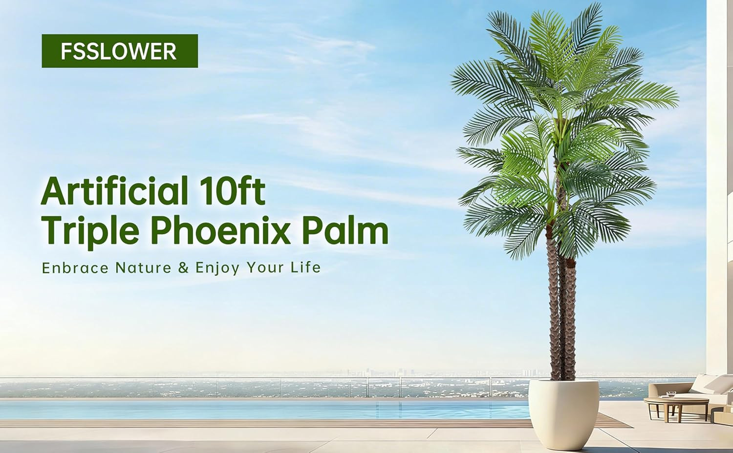 10Ft Artificial Triple Phoenix Palm Tree – Realistic Faux Plant for Home Decor