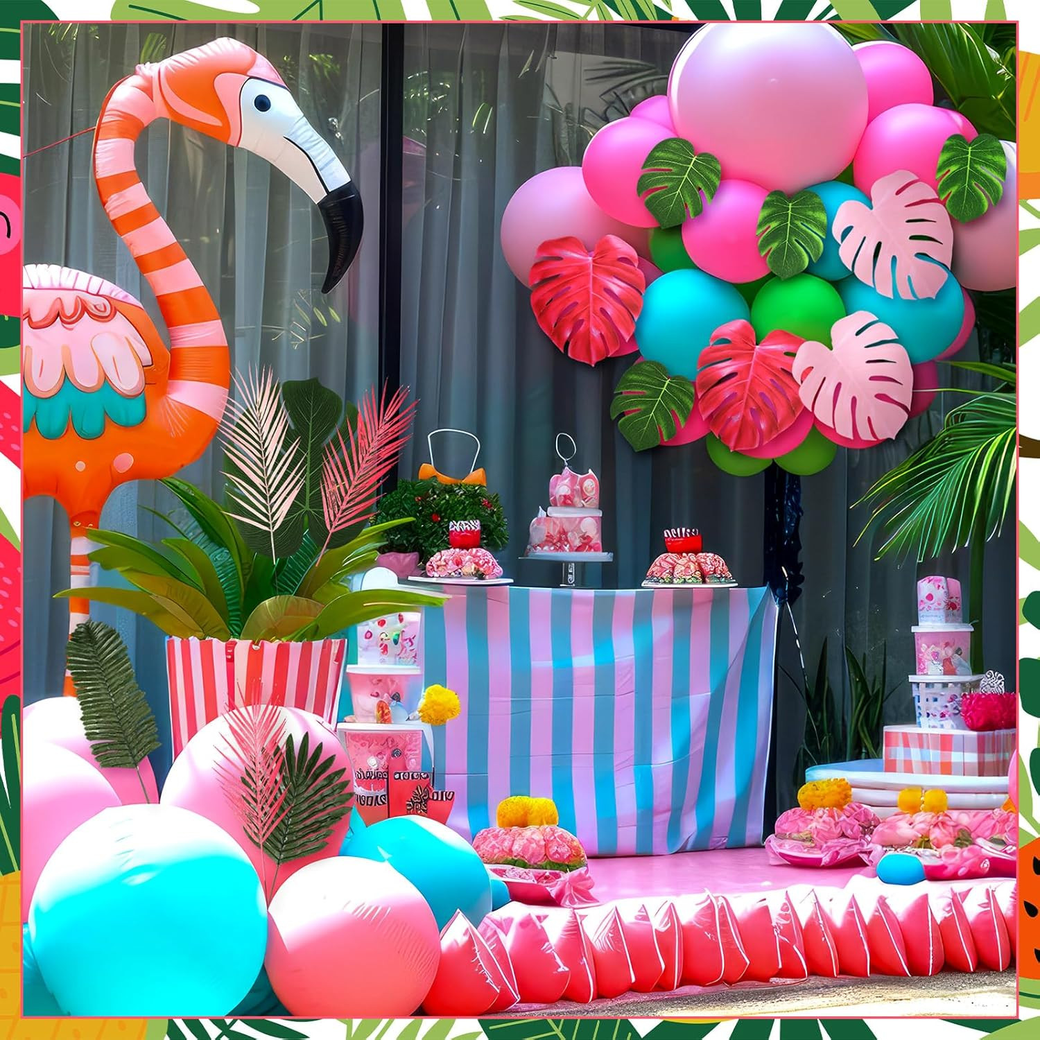 46 Pcs Tropical Artificial Palm Leaves Monstera Decoration Green Hot Pink Set fo