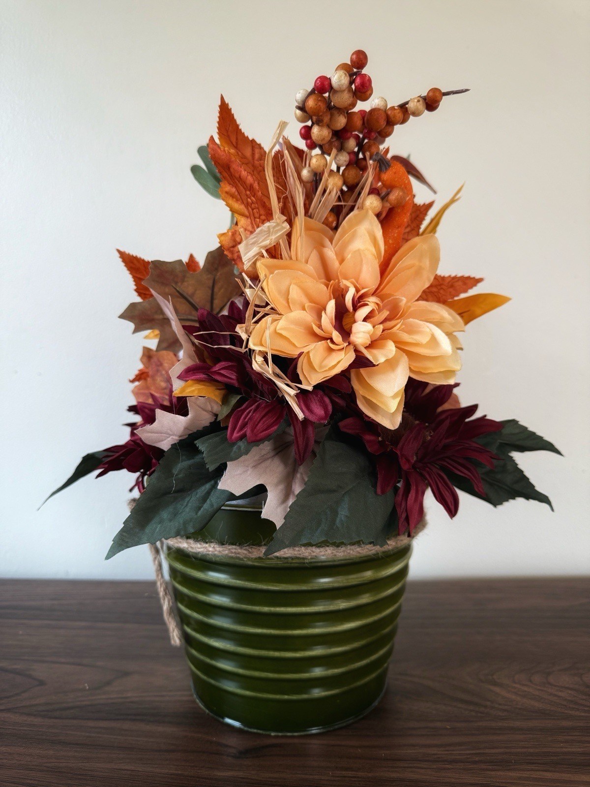 Handmade Fall Colors Centerpiece In A Warm, Festive Tin With Silk Flowers