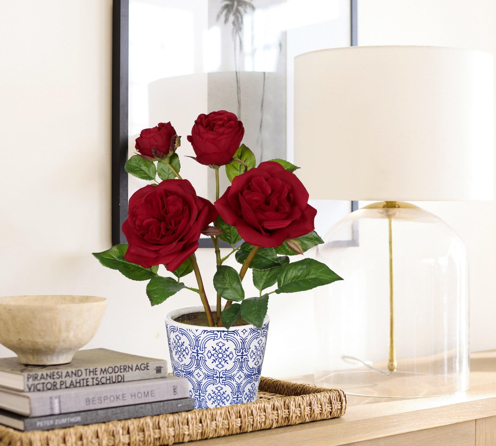 Red Real Touch Roses Artificial Flowers in Vase Blue and White Porcelain Cera…
