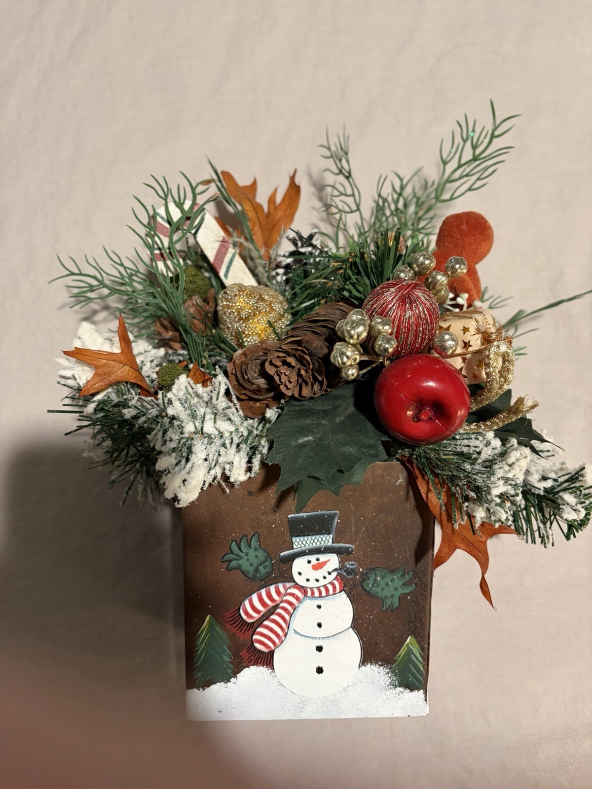 Painted Snowman Tin Bucket w Artificial Pine Table/Wall Arrangement ~Christmas