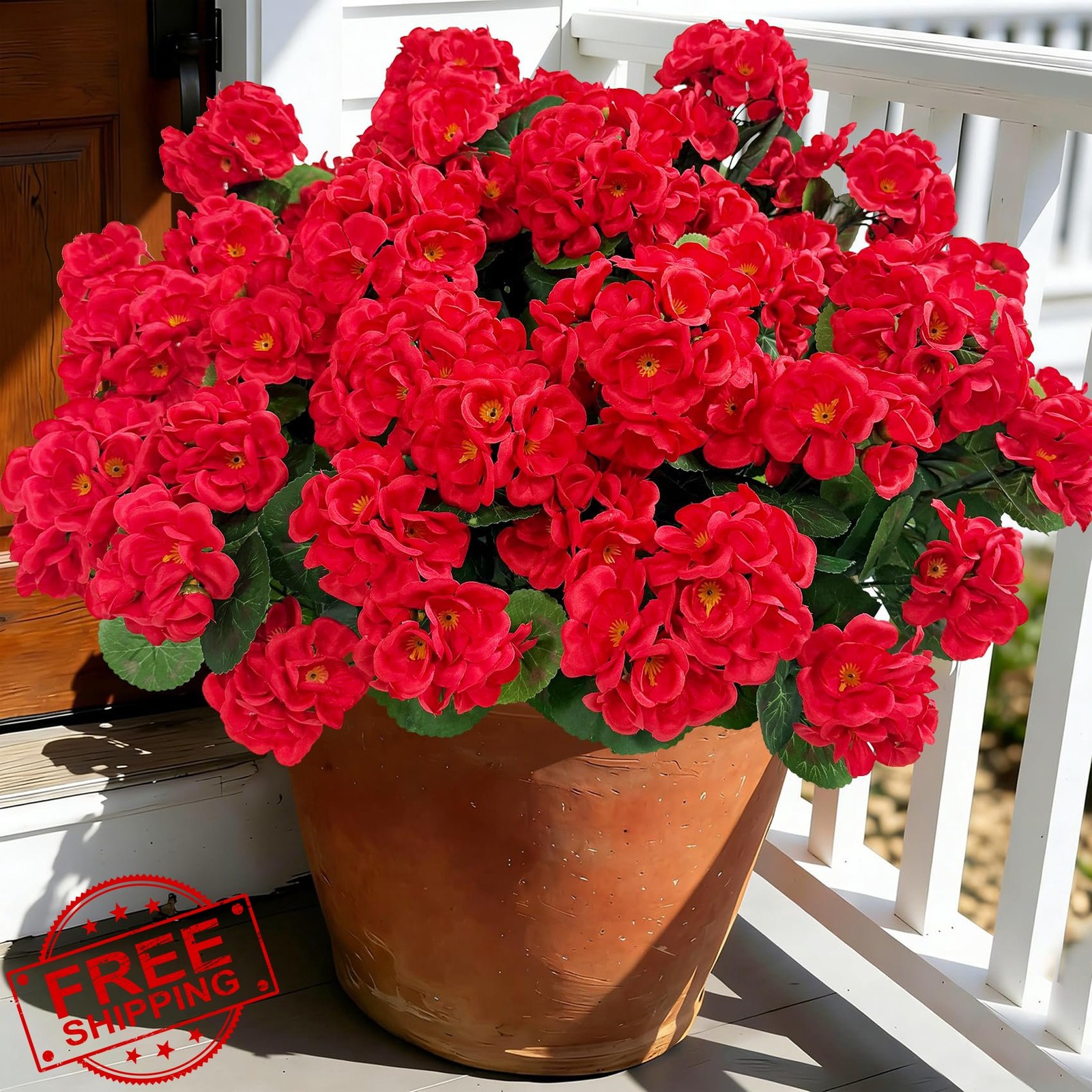 Red Silk Geraniums 4 Pcs UV Fake Flowers Outdoor Garden Planter Decor