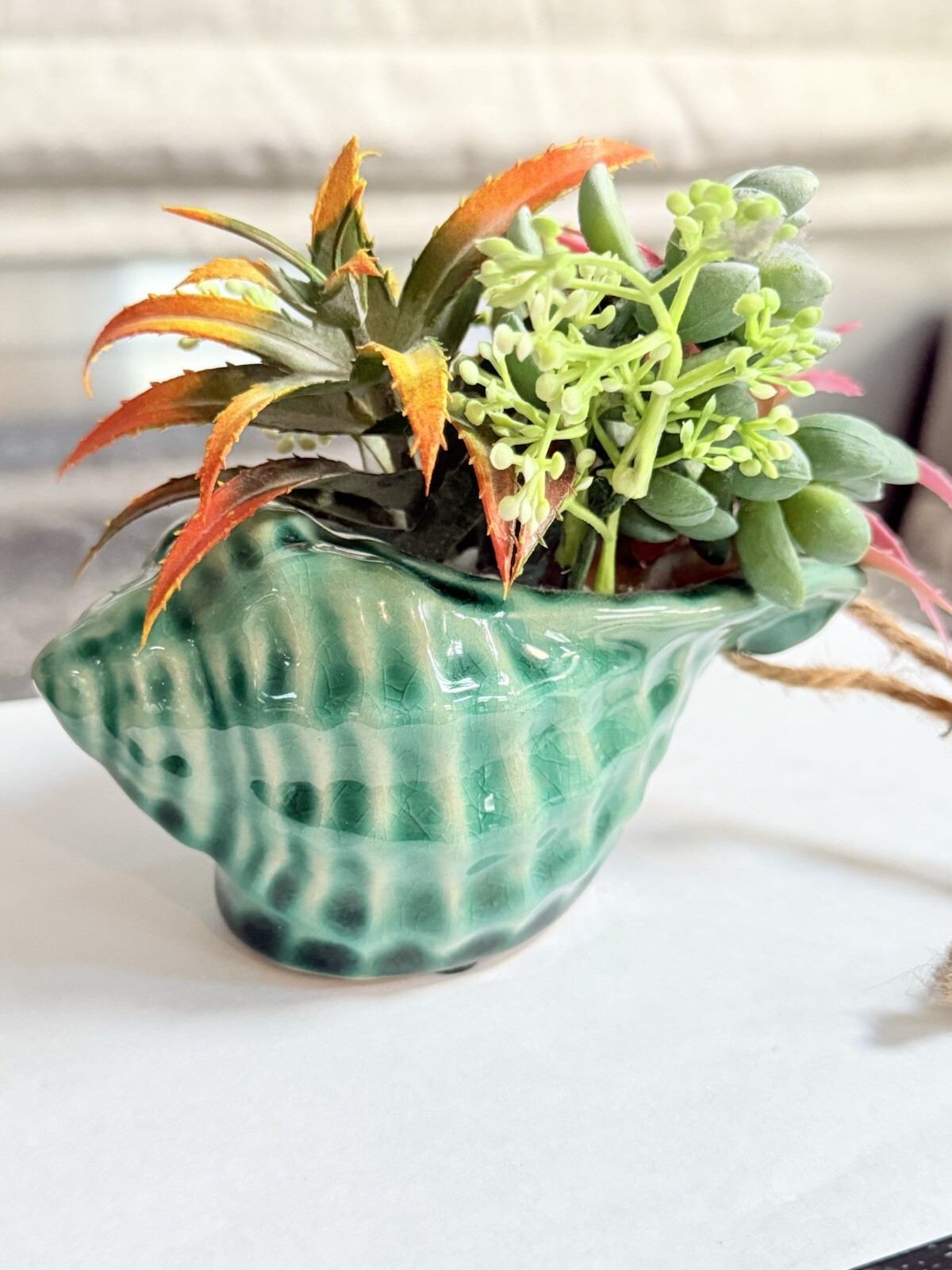 Fake Assorted Plants Faux Succulents in VTG Seashell Hanging Pot Realistic Plant
