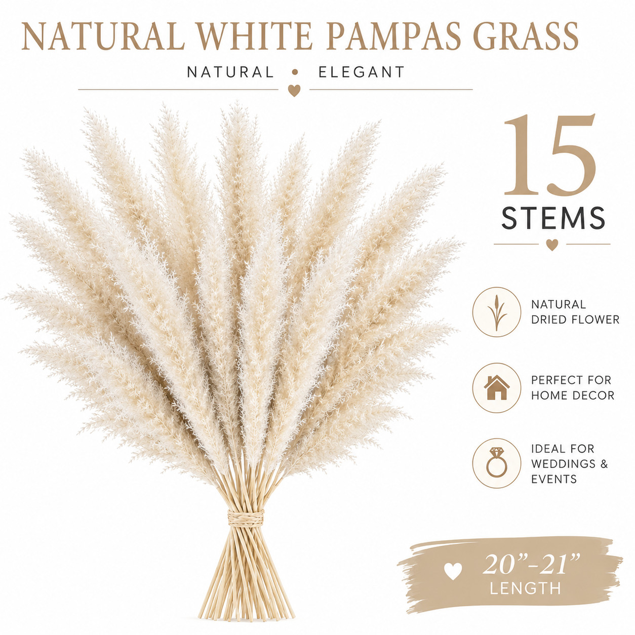 15 Stems Natural White Pampas Grass 21″ Dried Floral Bouquet Boho Home Decor