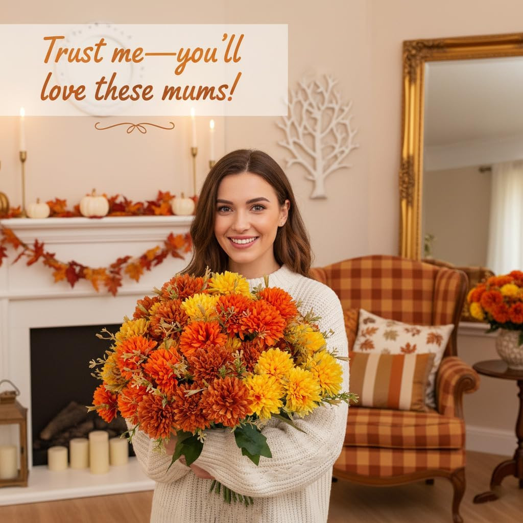 12Pcs UV Resistant Fall Marigold & Dahlia Mums – Burnt Orange Home Decor