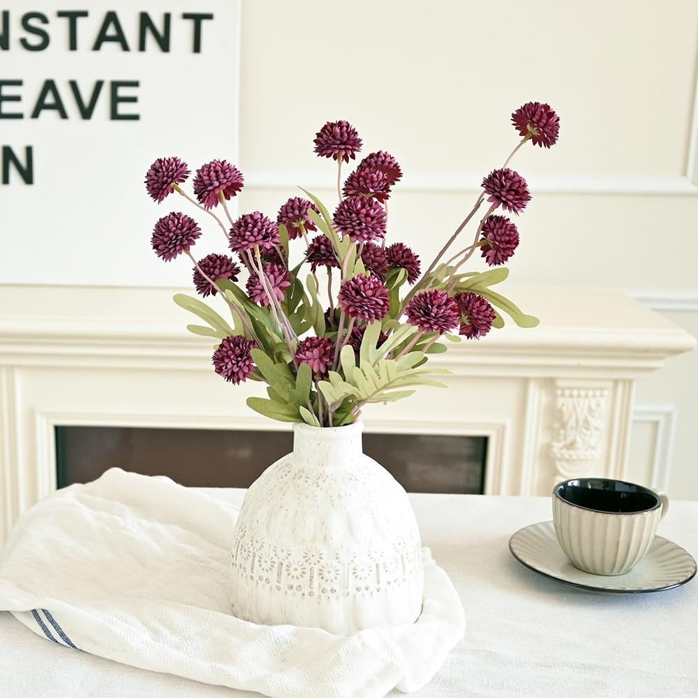 Laelfe 5Pcs Burgundy Flowers Artificial Pompon Mum, Fake Kiku Flowers Silk Sm…