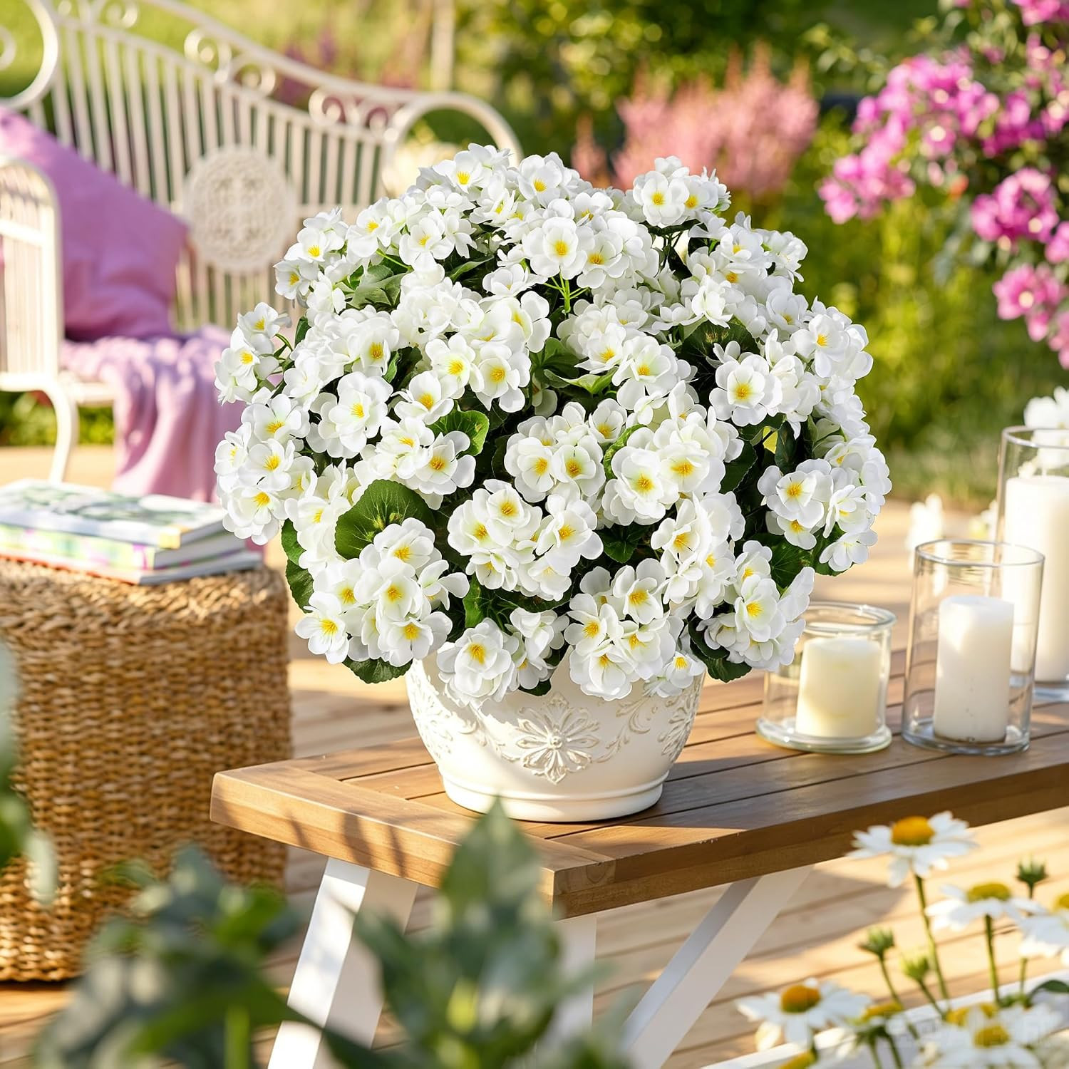 Geraniums Artificial Flowers for Outdoors, UV Resistant, White | Plastic Flowers