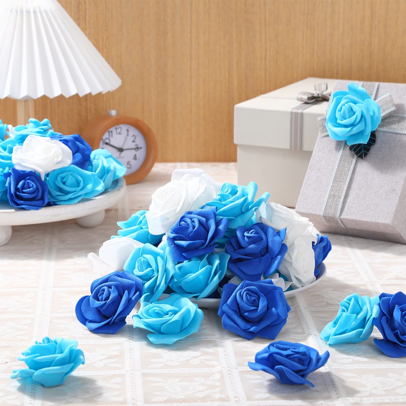 200 PCS 2.76 Inch White Blue Artificial Foam Rose Flower Heads Bulk Centerpiece