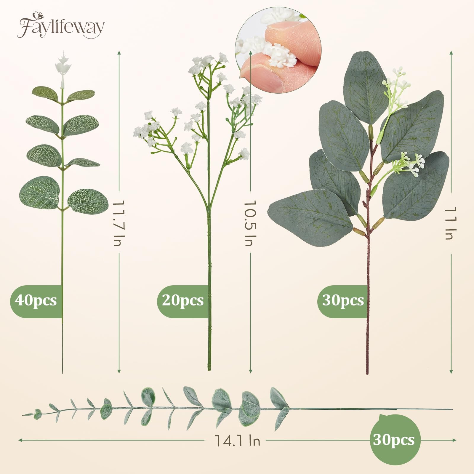 120 Pcs 4 Kinds Mixed Eucalyptus Greenery Stems, Baby Breath Flowers Artifici…