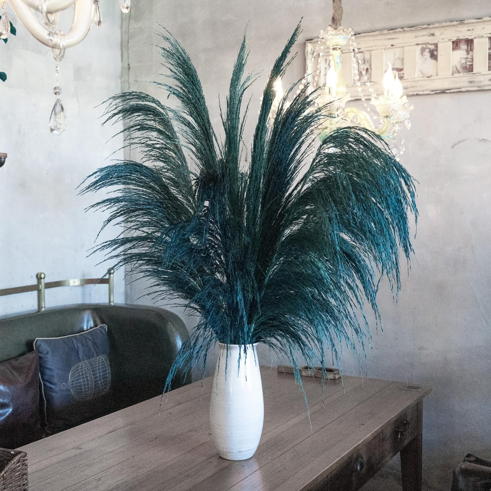 8 PCS Blue Teal Pampas Grass Decor 31.5 Inch Tall Natural Dried Floral