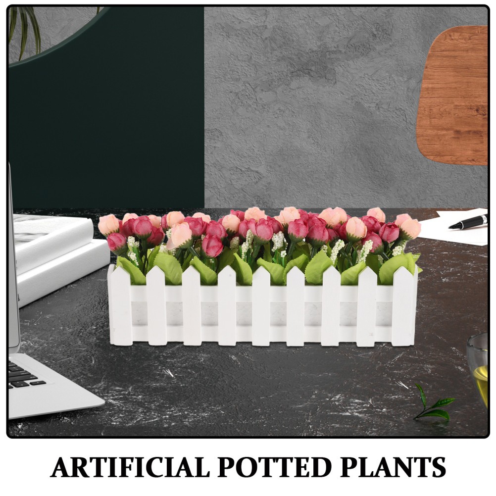Simulation Flower Bonsai with Fence Rosy Artificial Flower for Home Office Desk