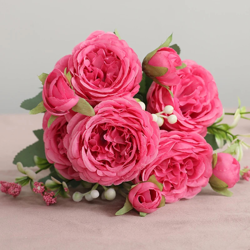 Hot Selling 1pcs/30cm Rose Pink Silk Bouquet Peony Artificial Flower 5 Big Head