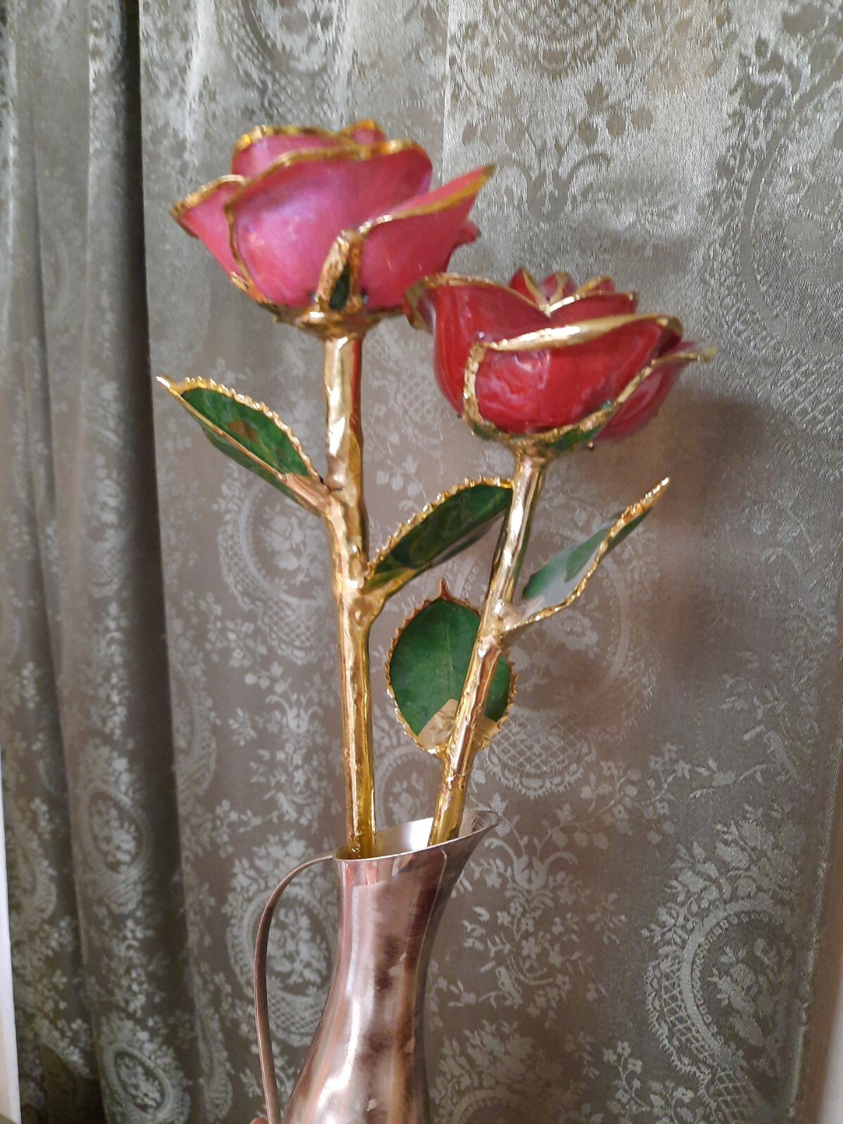 Lot Set 2 Gilded Metallic Roses Dipped In Ikora Mid-Century Vase Retro Decor