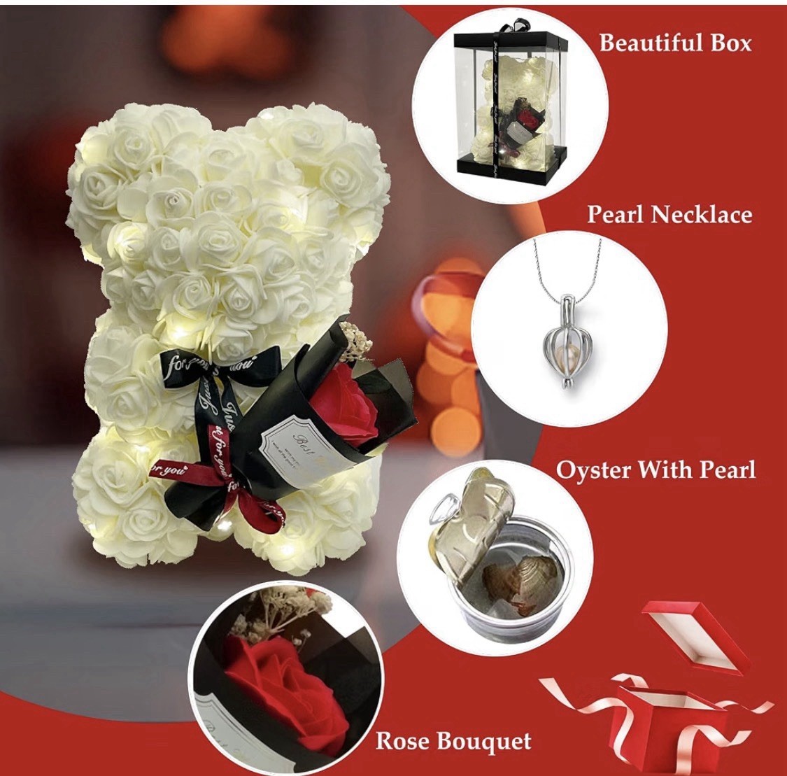 Flower White Rose Teddy Bear Clam+ Pearl Pendant Necklace Love Romantic Gift Set