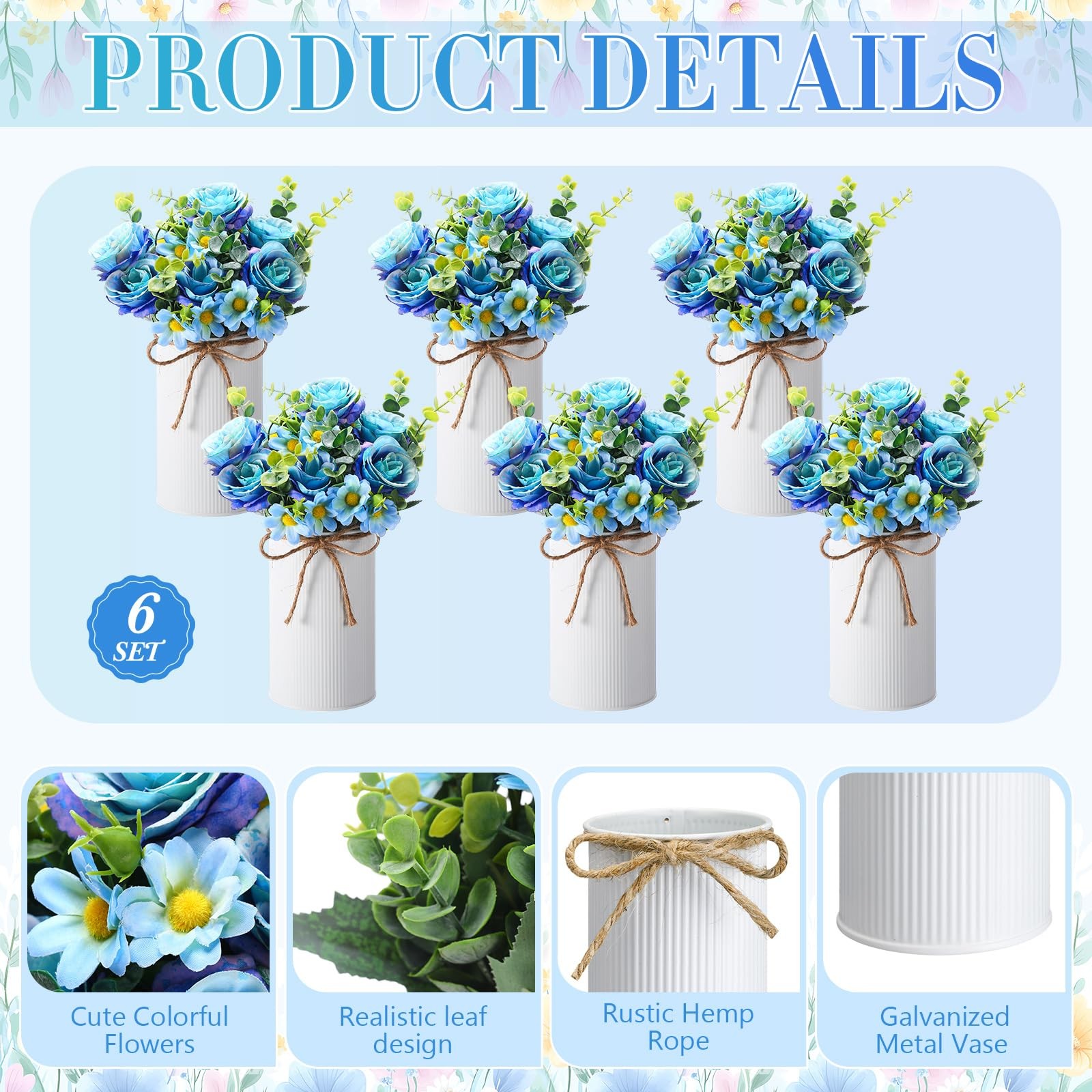 6 PCS Wedding Centerpiece Table Decor Blue Artificial Rose Flower Metal Vase