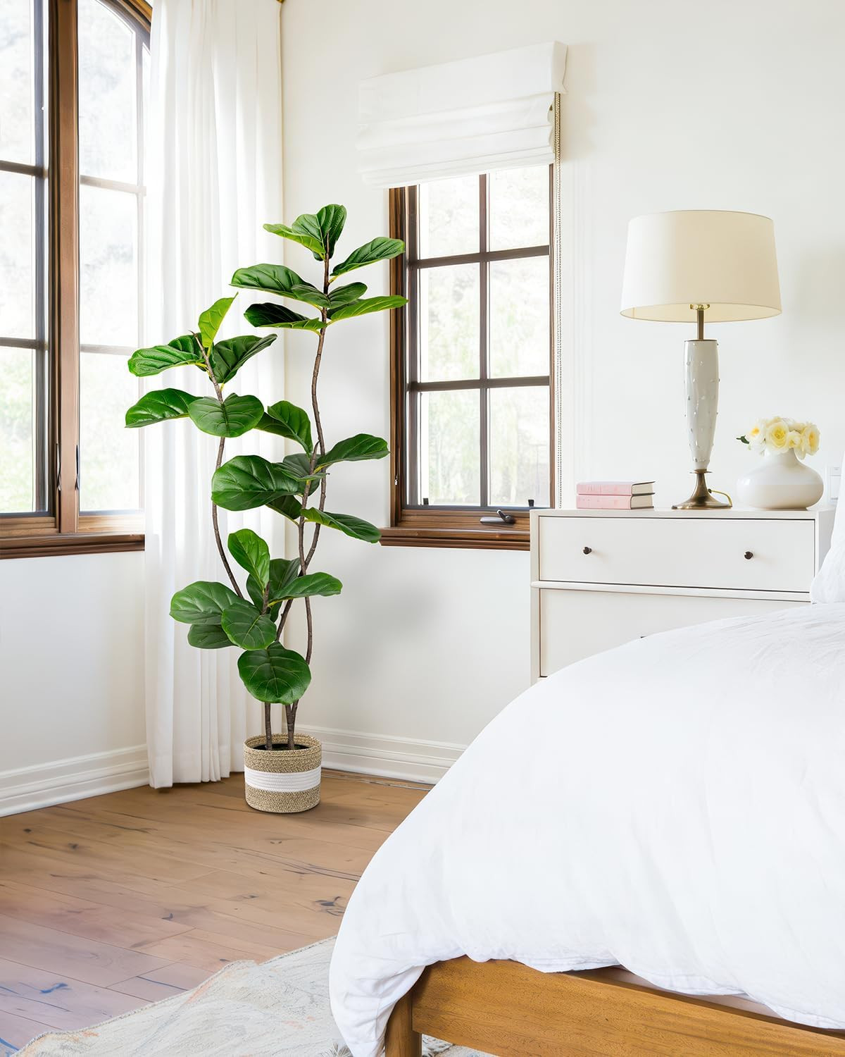 Artificial Fiddle Leaf Fig Tree 5FT with Cotton Basket | Faux Large Trees Fake P