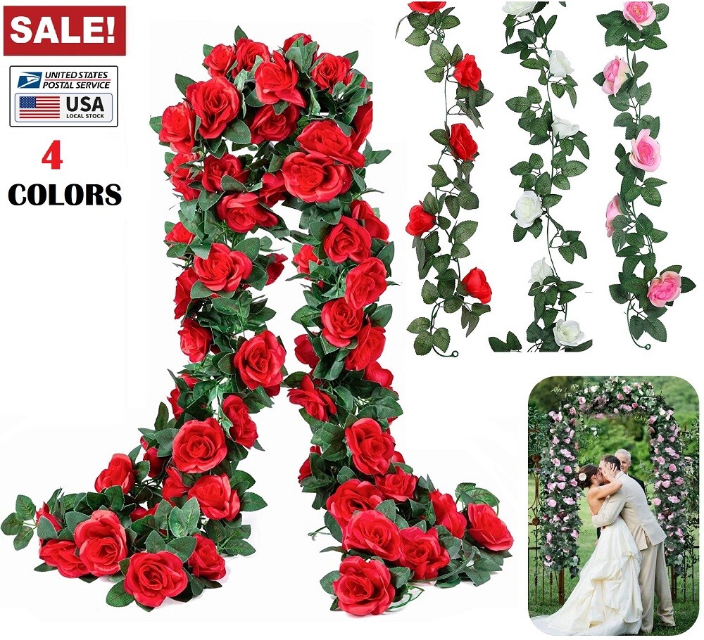3× Fake Rose Vine Flowers Plants 7.5 Ft Artificial Hanging Ivy Home Party USA