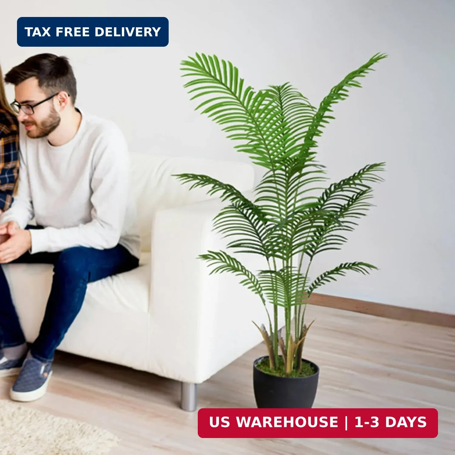 4FT Artificial Palm Tree Indoor with White Pot, Realistic Leaves, 9 Trunks Adjus